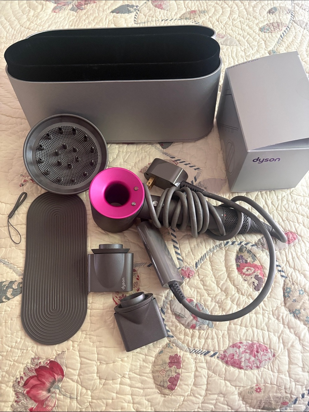 New Listing Dyson Hair Dryer Set in Gray with Fuchsia Accent